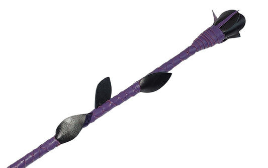 Luxury hand-made leather rose riding crop with purple stem & black rose tip. Fiberglass core, 680 mm length. Perfect for BDSM play.