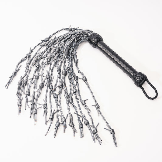 Hand Made Leather Faux Barbed Wire Flogger with Shorter 30cm Long Falls, Silver