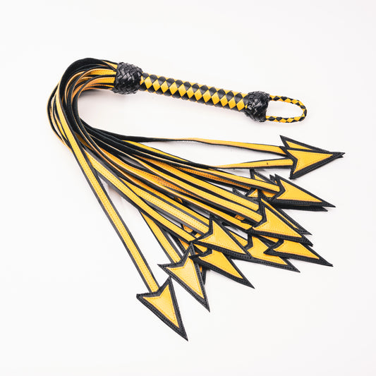 100% Leather Hand Crafted Arrow Shaped Flogger 12 Fall, Longer Yellow and Black