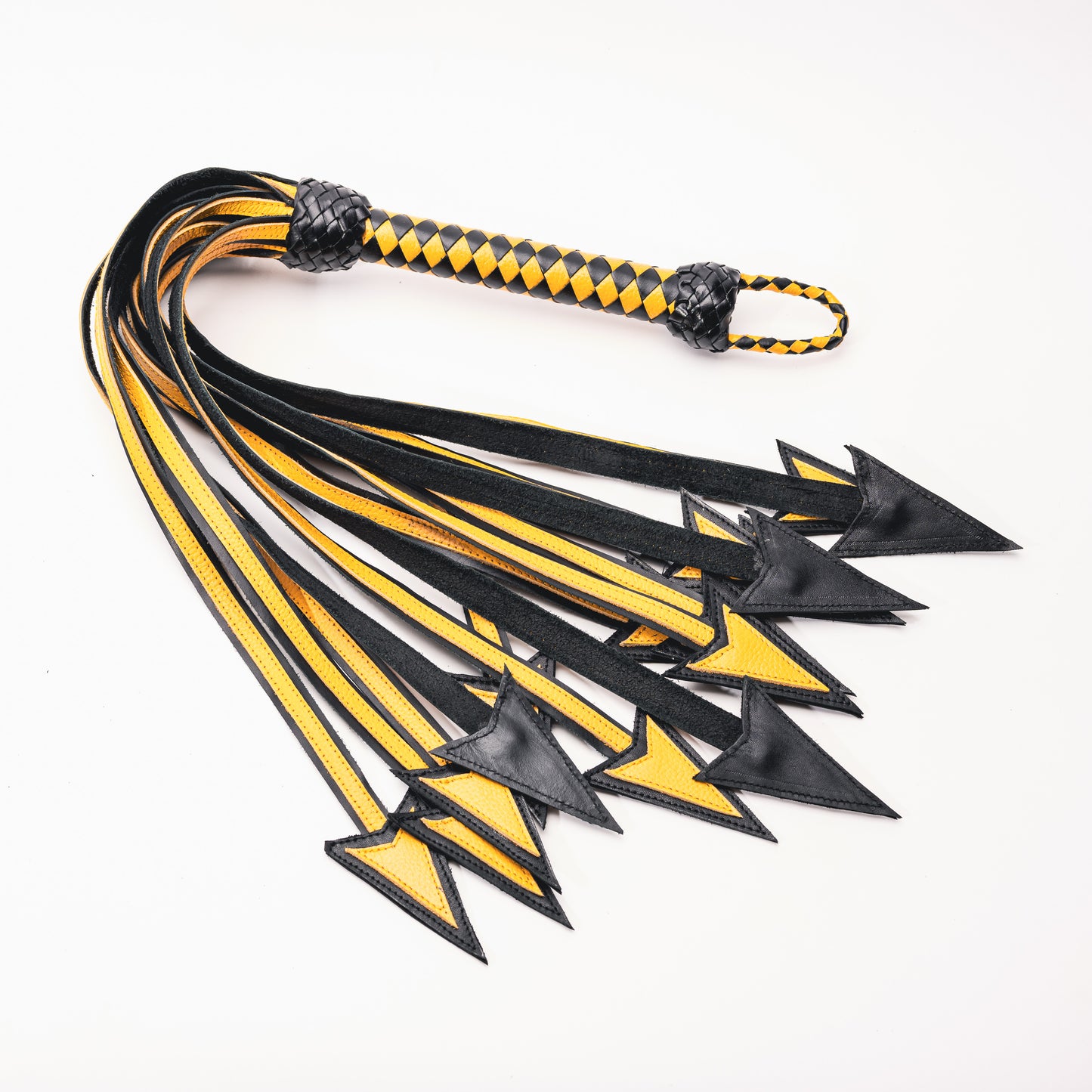 100% Leather Hand Crafted Arrow Shaped Flogger 12 Fall, Longer Yellow and Black