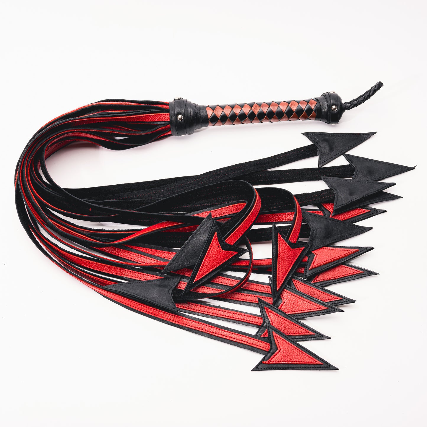 100% Leather Hand Crafted Arrow Shaped Flogger 12 Fall, Longer Red and Black