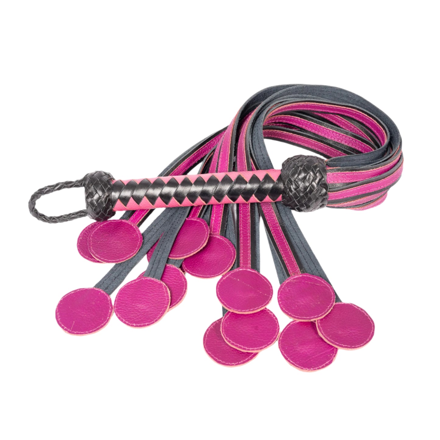 Hand Crafted Leather Donut Shaped Flogger. Handle length 20cm. Length 50cm. Woven Leather. 370g