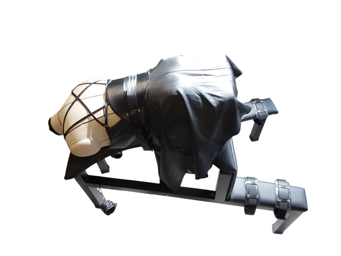 Mature Impact BDSM Spanking Bench Durable Bondage Bench with Shackles, Wrist Cuffs & Chain, Fixed Steel Frame, Black Vinyl Dungeon Furniture