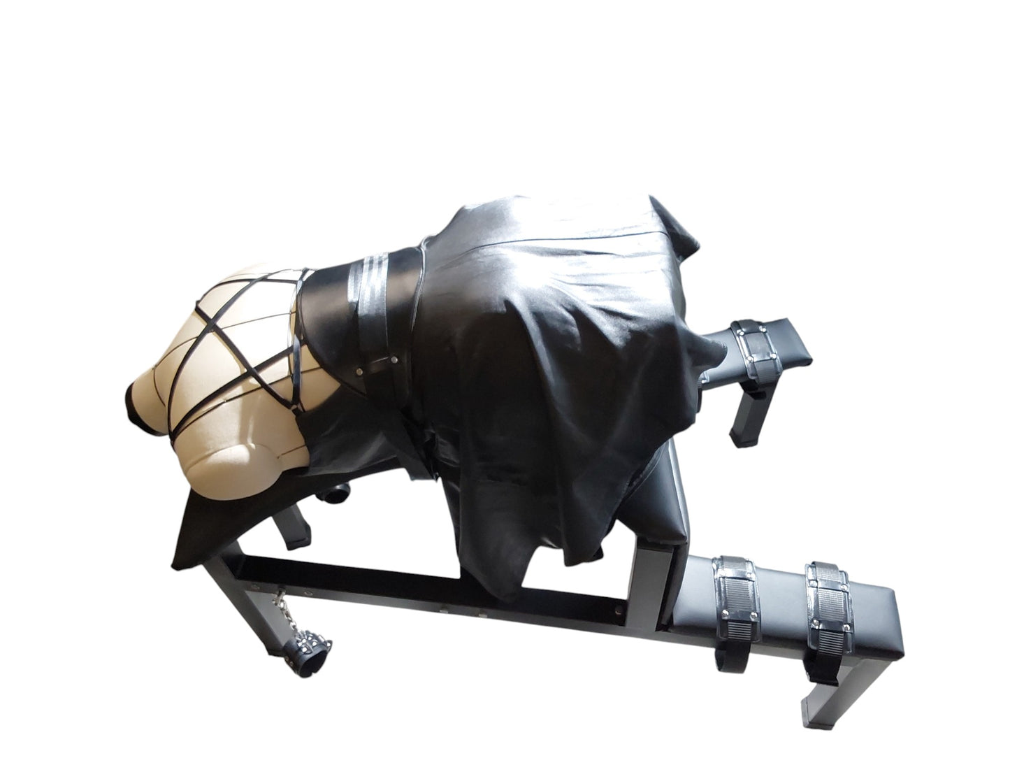 Mature Impact BDSM Spanking Bench Durable Bondage Bench with Shackles, Wrist Cuffs & Chain, Fixed Steel Frame, Black Vinyl Dungeon Furniture