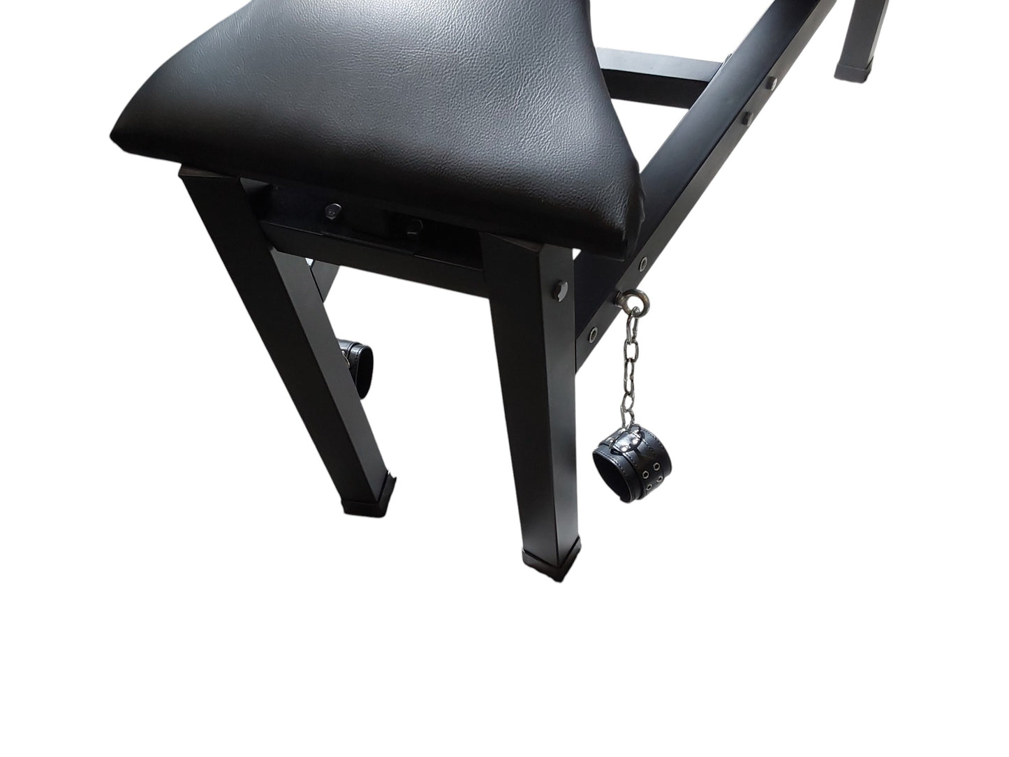 Mature Impact BDSM Spanking Bench Durable Bondage Bench with Shackles, Wrist Cuffs & Chain, Fixed Steel Frame, Black Vinyl Dungeon Furniture