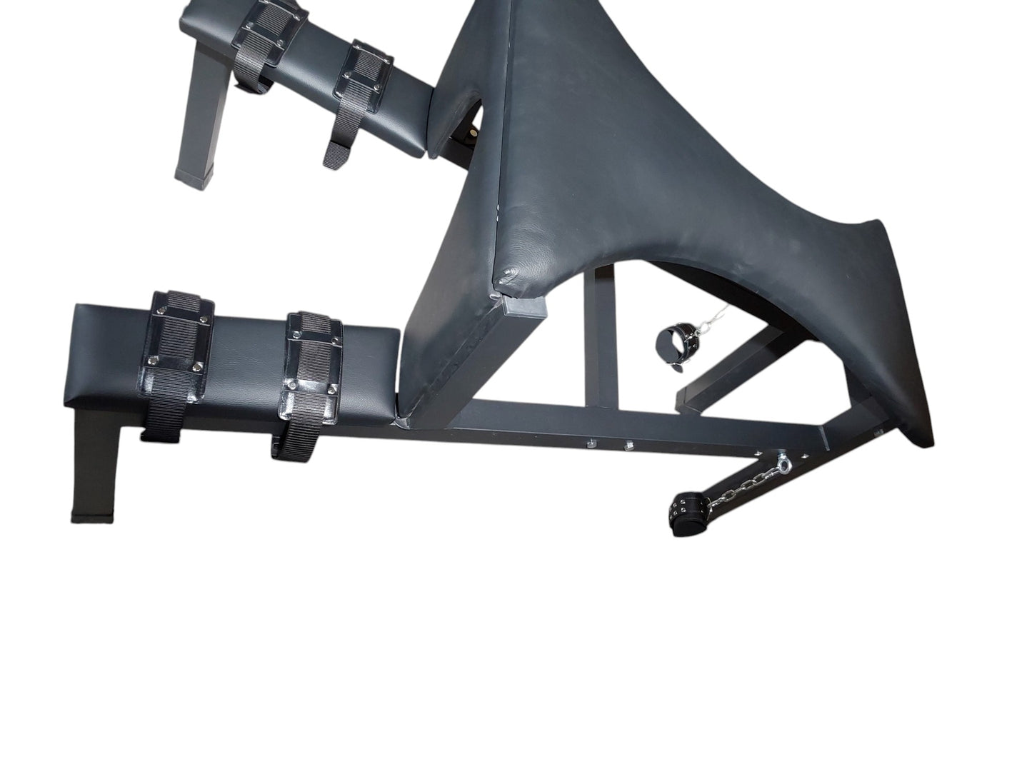 Mature Impact BDSM Spanking Bench Durable Bondage Bench with Shackles, Wrist Cuffs & Chain, Fixed Steel Frame, Black Vinyl Dungeon Furniture
