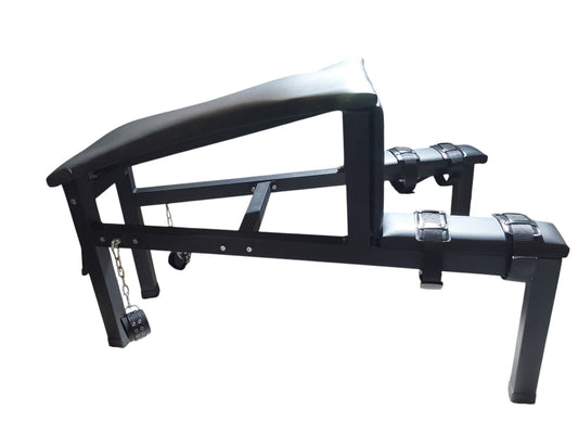 Mature Impact BDSM Spanking Bench Durable Bondage Bench with Shackles, Wrist Cuffs & Chain, Fixed Steel Frame, Black Vinyl Dungeon Furniture