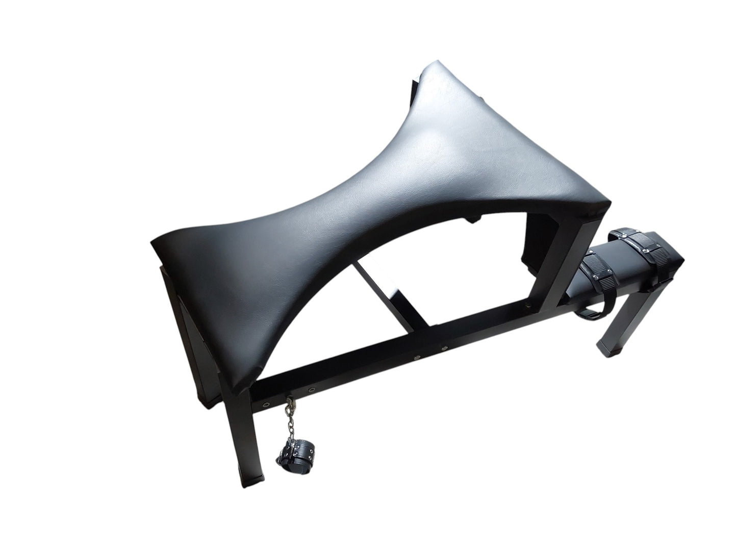 Mature Impact BDSM Spanking Bench Durable Bondage Bench with Shackles, Wrist Cuffs & Chain, Fixed Steel Frame, Black Vinyl Dungeon Furniture
