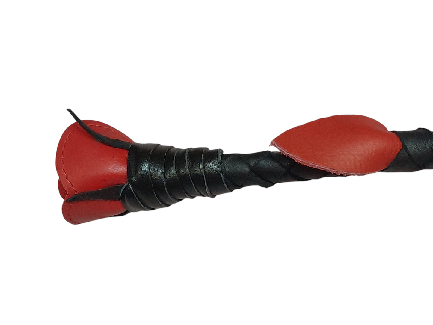 Luxury hand-made leather rose riding crop with black stem & stitched red rose. 680 mm, fiberglass core, 220 g. Perfect for BDSM play.