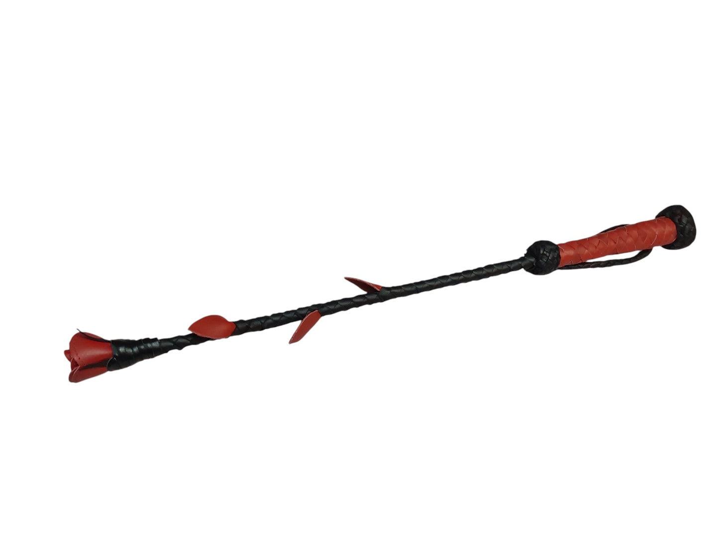 Luxury hand-made leather rose riding crop with black stem & stitched red rose. 680 mm, fiberglass core, 220 g. Perfect for BDSM play.
