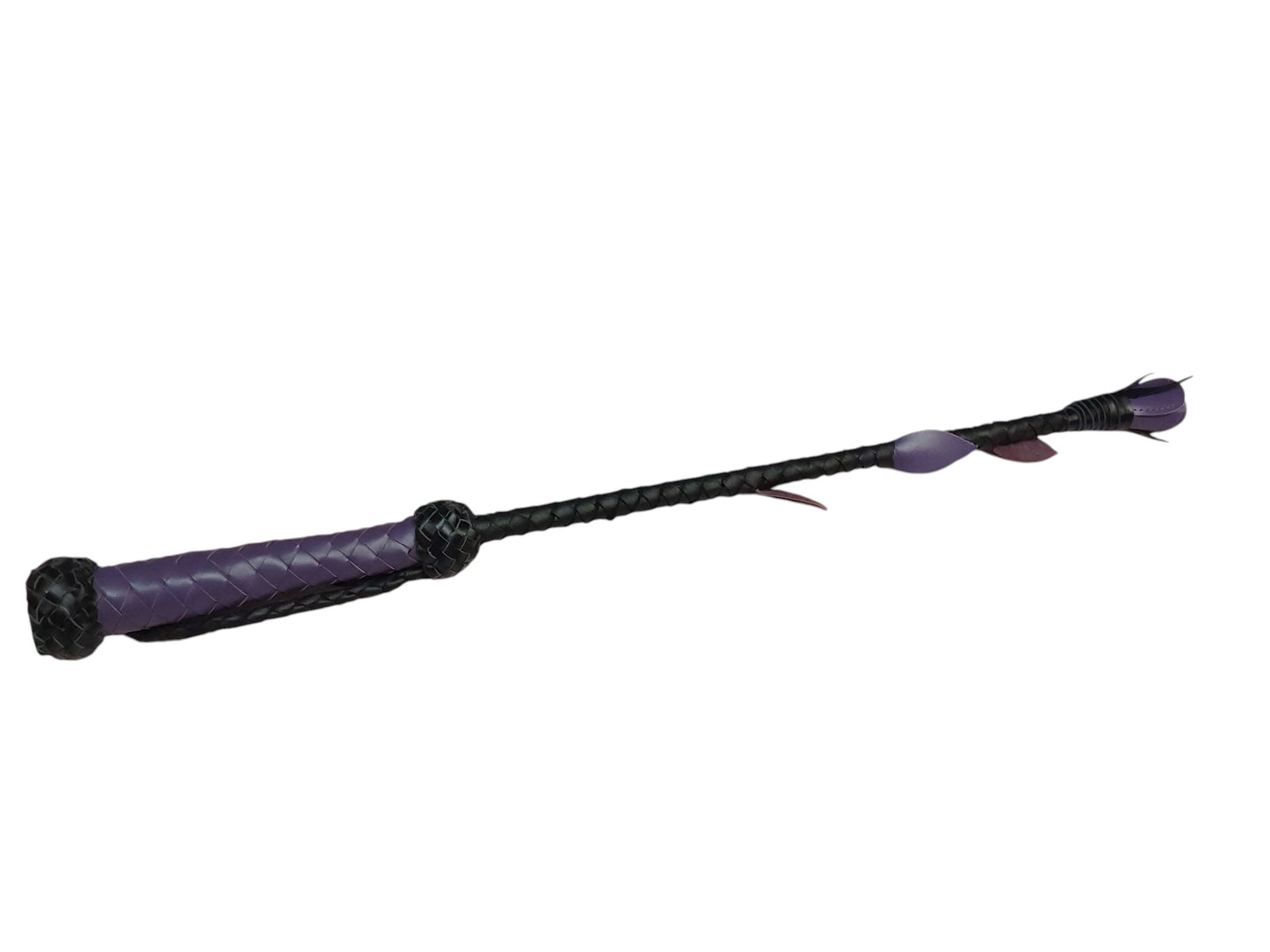 Luxury hand-made leather rose riding crop with purple stem & black rose tip. Fiberglass core, 680 mm length. Perfect for BDSM play.
