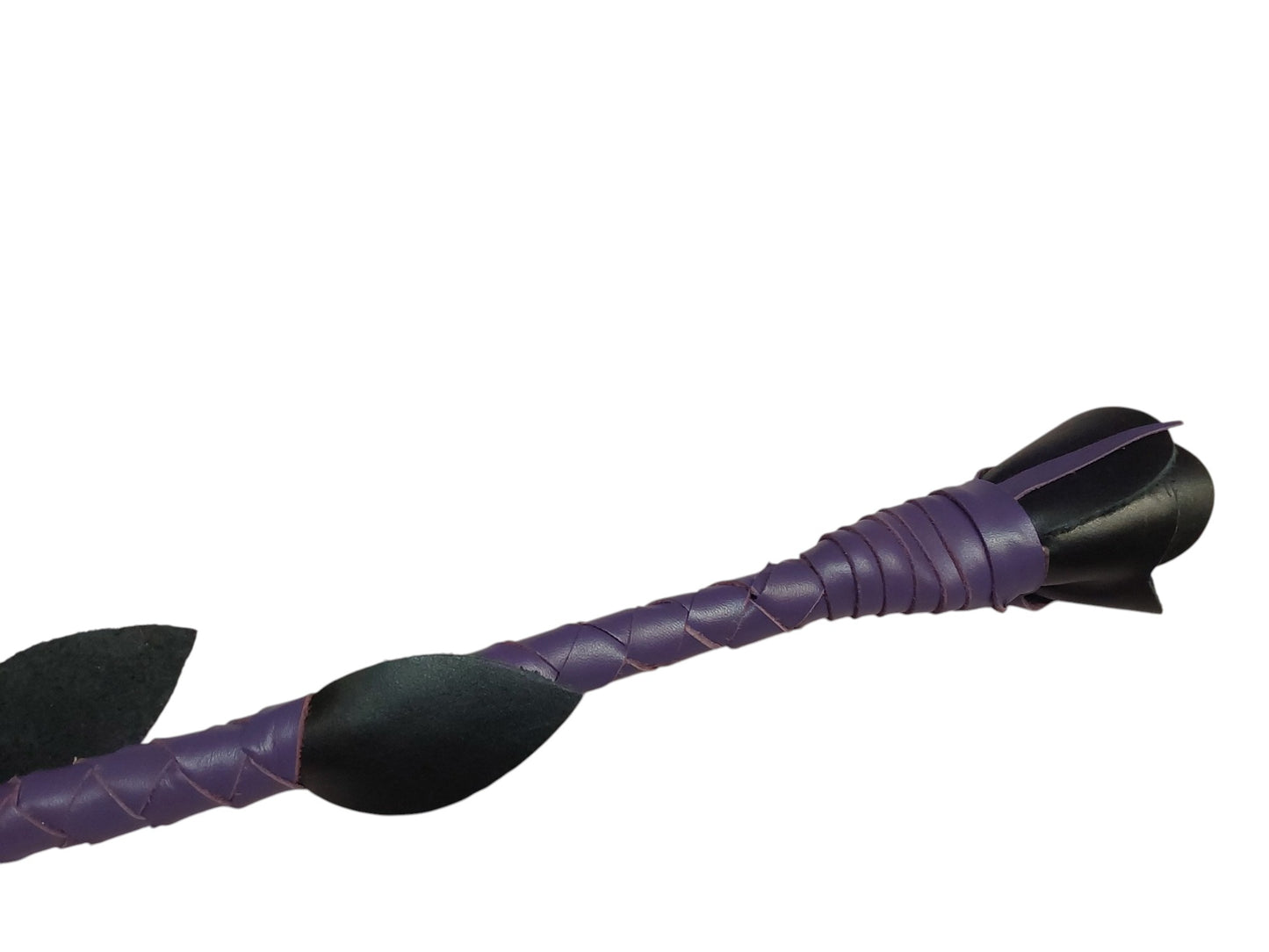 Luxury hand-made leather rose riding crop with purple stem & black rose tip. Fiberglass core, 680 mm length. Perfect for BDSM play.