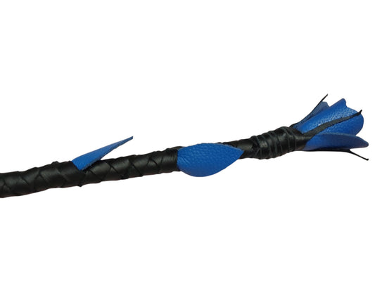 Hand-Made Leather Rose Riding Crop – Black Stem with Blue Rose, Stitched