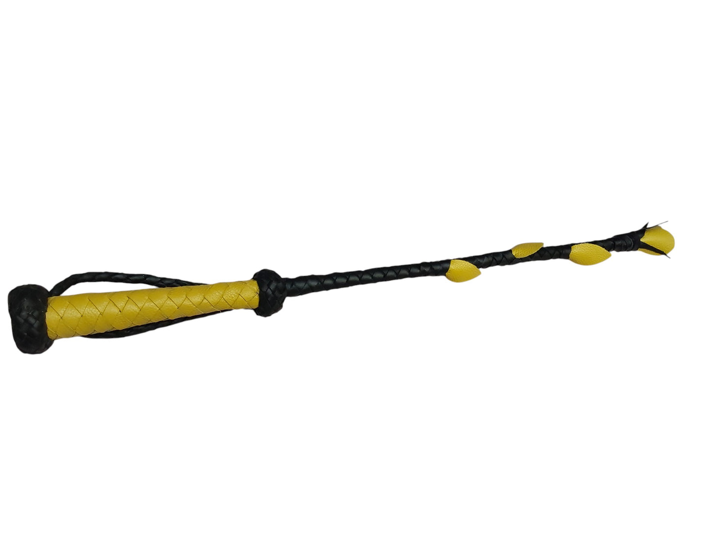 Luxury hand-made leather riding crop with black stem & yellow rose tip. 680 mm, fiberglass core, lightweight and powerful. (Unstitched)