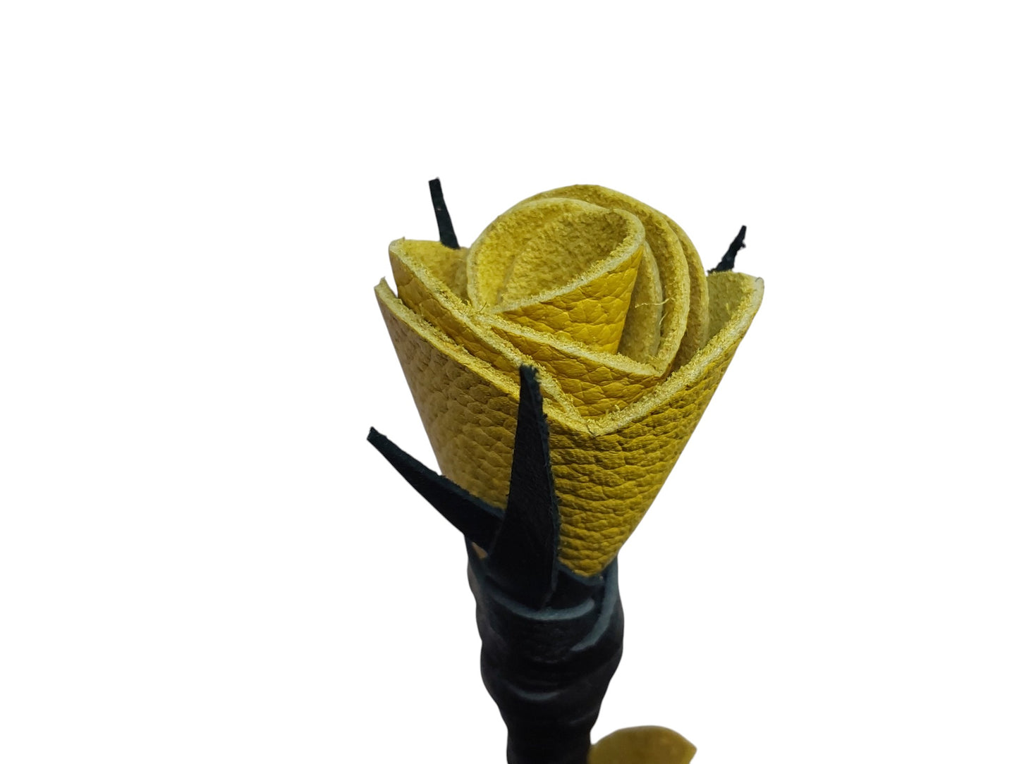 Luxury hand-made leather riding crop with black stem & yellow rose tip. 680 mm, fiberglass core, lightweight and powerful. (Unstitched)
