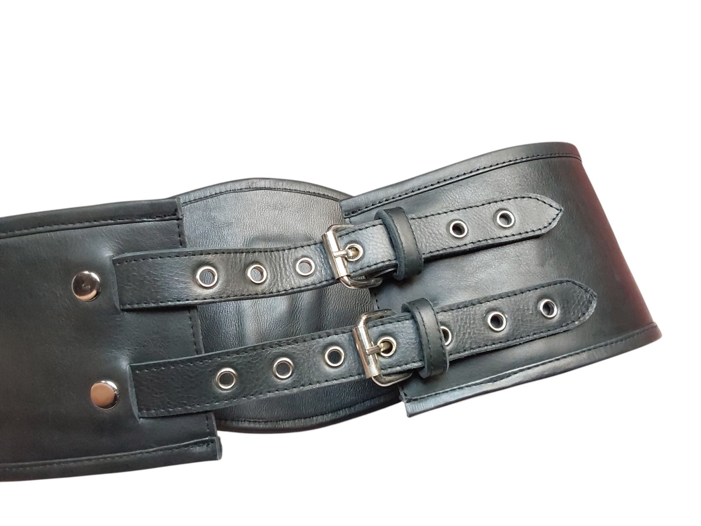 Handmade Leather Cinch Belt  BDSM , Bomdage — 3-Strap with D-Rings (Black/Silver)