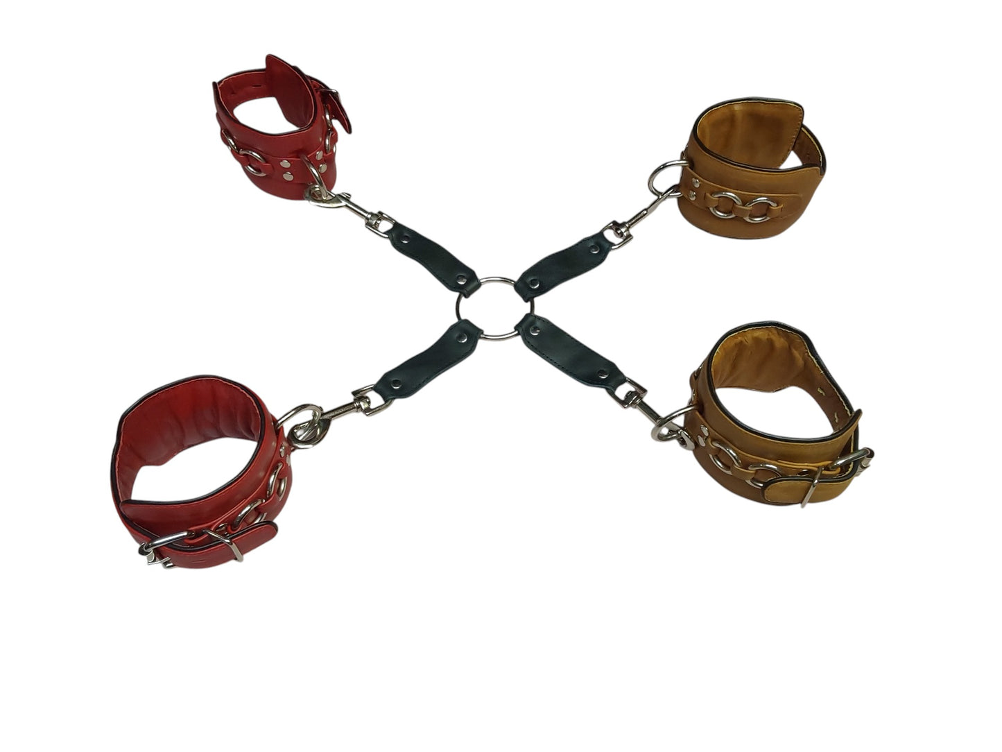 Hand Made Leather Hogtie, Short Length BDSM Restraint. 1 Central Ring and 4 Buckles