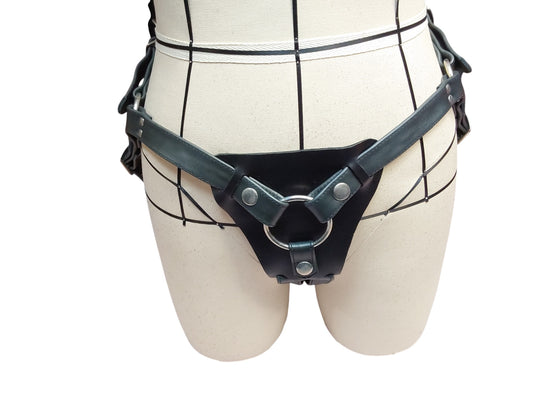 Handmade Black Leather Strap-On Harness — Removable 50 mm Ring, Adjustable Leg & Waist
