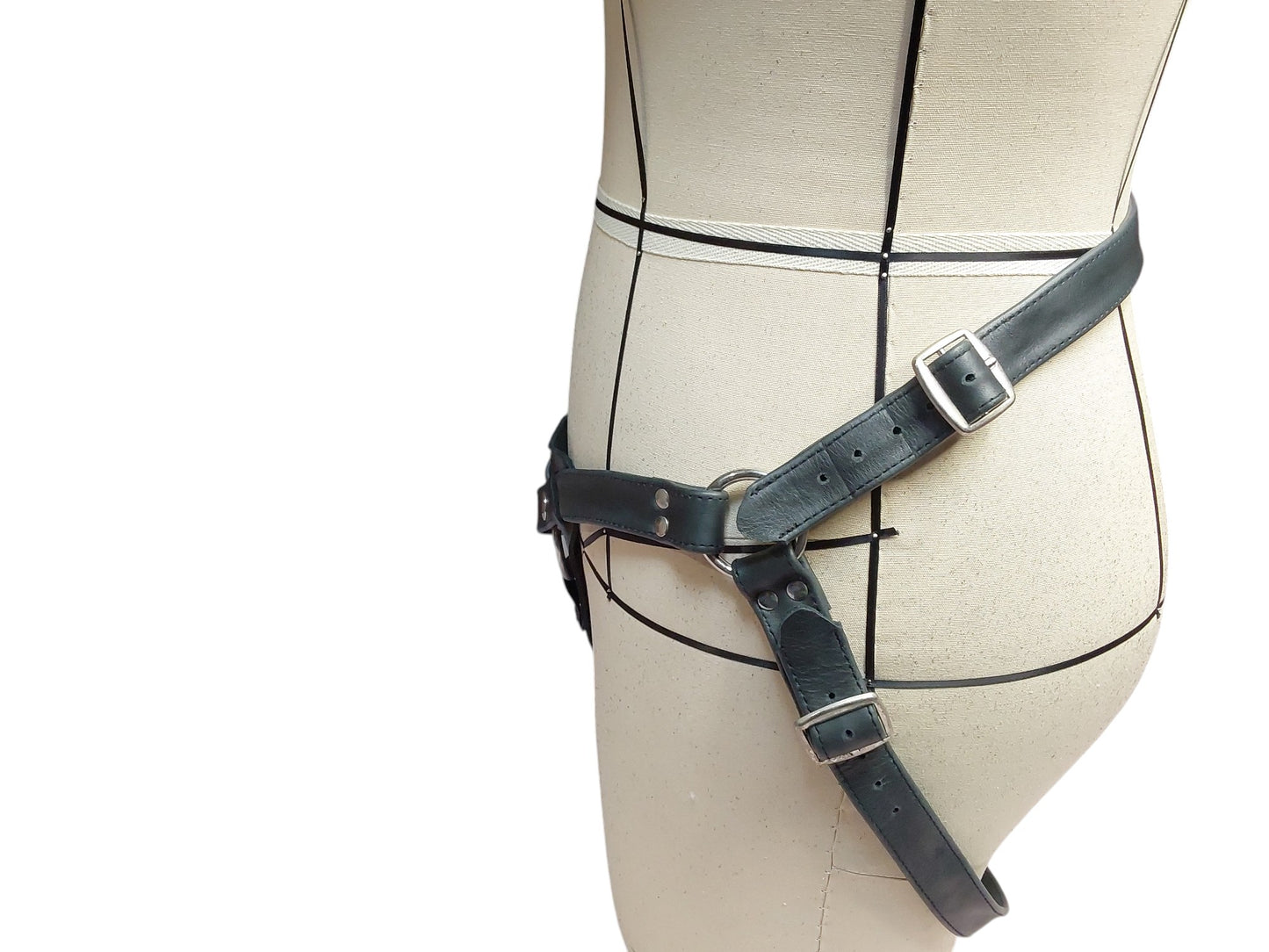 Handmade Black Leather Strap-On Harness — Removable 50 mm Ring, Adjustable Leg & Waist