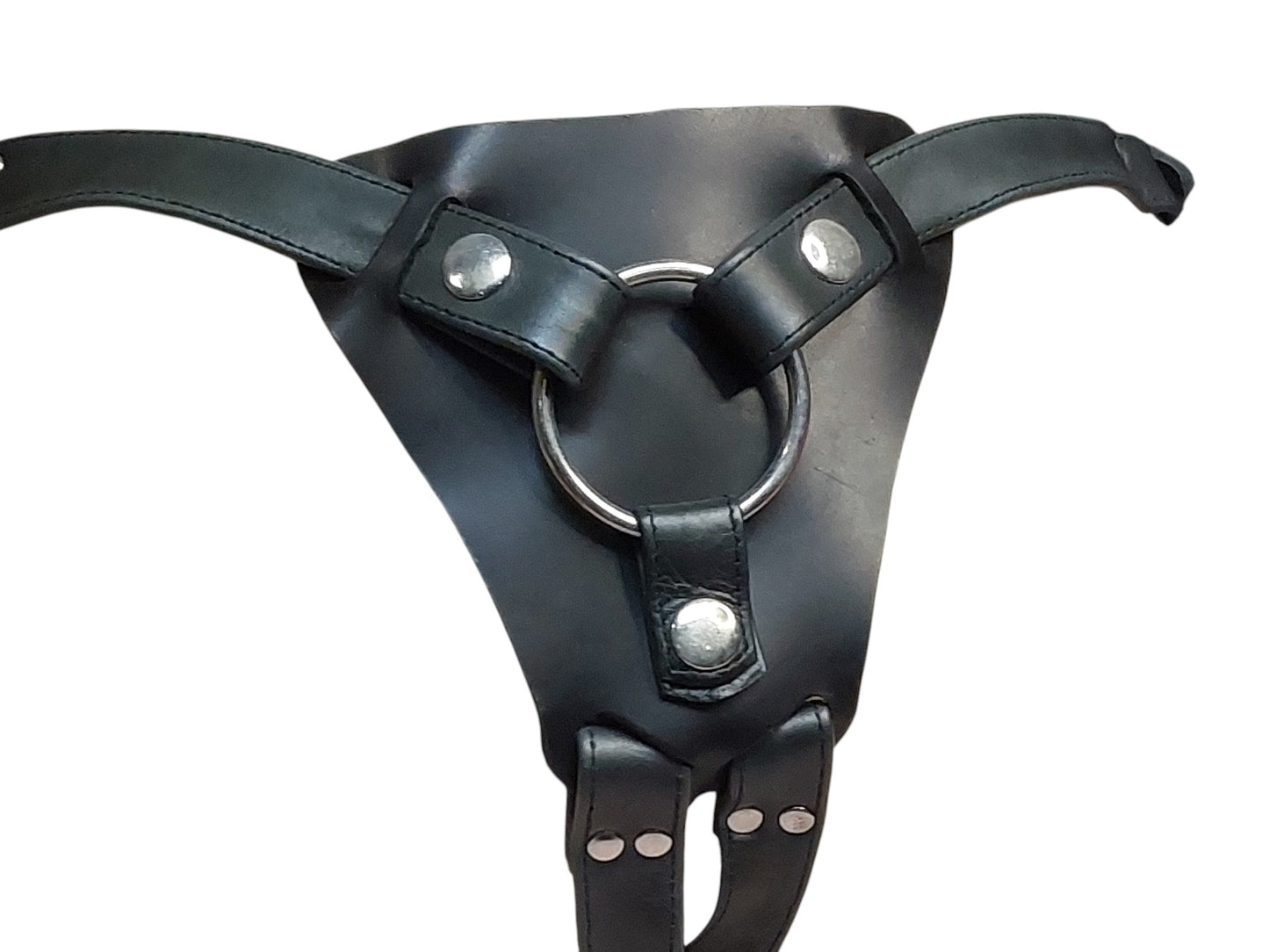 Handmade Black Leather Strap-On Harness — Removable 50 mm Ring, Adjustable Leg & Waist