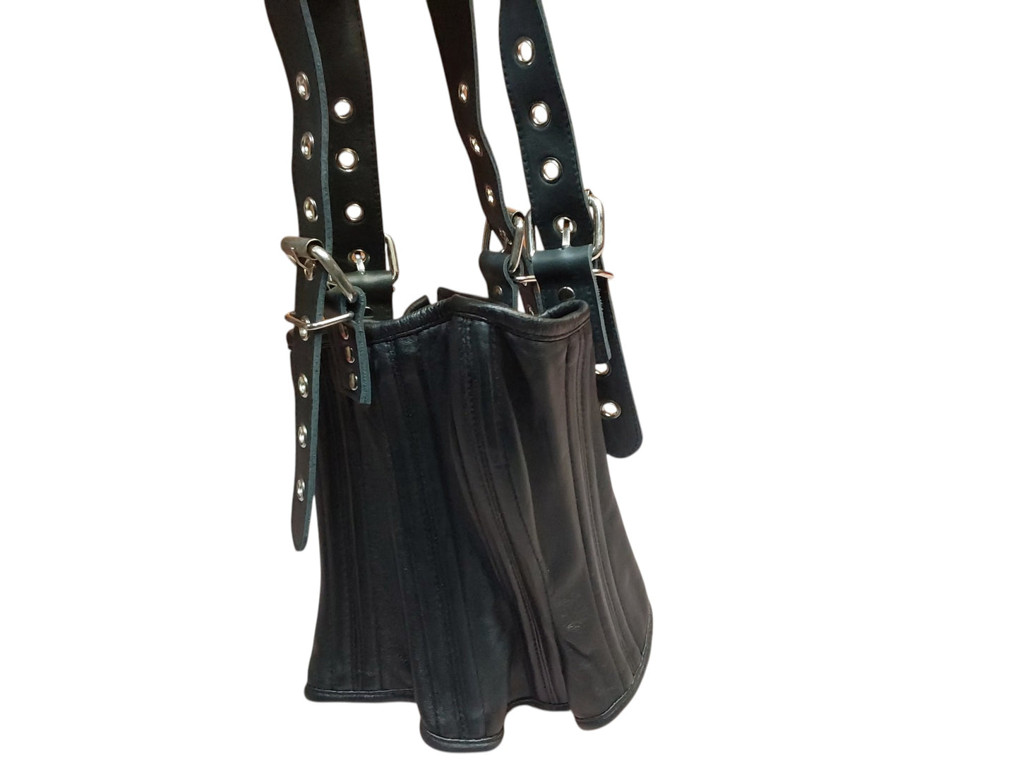 Handmade Leather Neck Corset — Black, Upright Straps (Non-Load-Bearing).With4 adjustable head straps