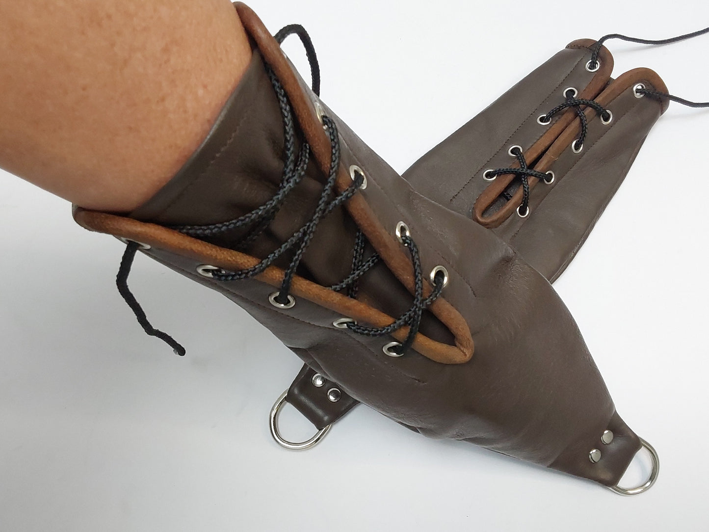 Hand-Made Leather Hand Binder/Mitts — Lace-Up with D-Ring (Pair)