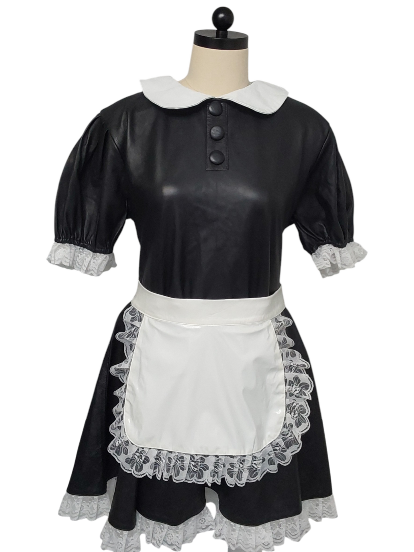 Handmade Black Lamb Leather Maids Dress – White Leather Collar, Lace Edging, Lockable Zip, Fetish Fashion, Sissy /Cosplay,Vintage Style