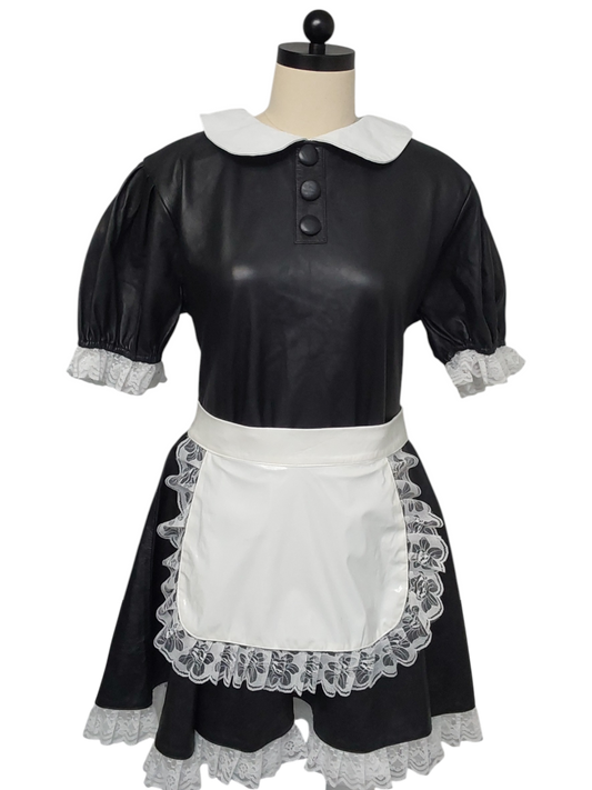 Handmade Black Lamb Leather Maids Dress – White Leather Collar, Lace Edging, Lockable Zip, Fetish Fashion, Sissy /Cosplay,Vintage Style
