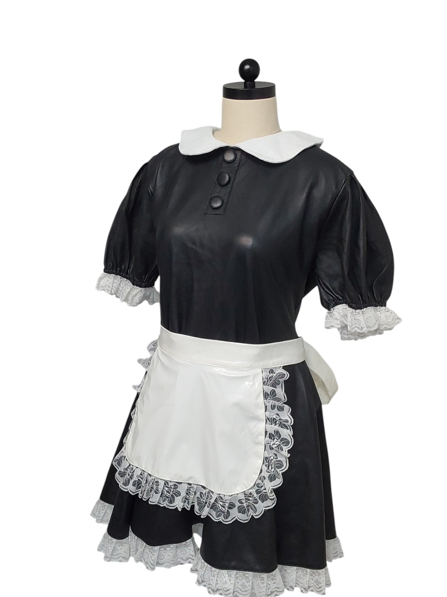 Handmade Black Lamb Leather Maids Dress – White Leather Collar, Lace Edging, Lockable Zip, Fetish Fashion, Sissy /Cosplay,Vintage Style