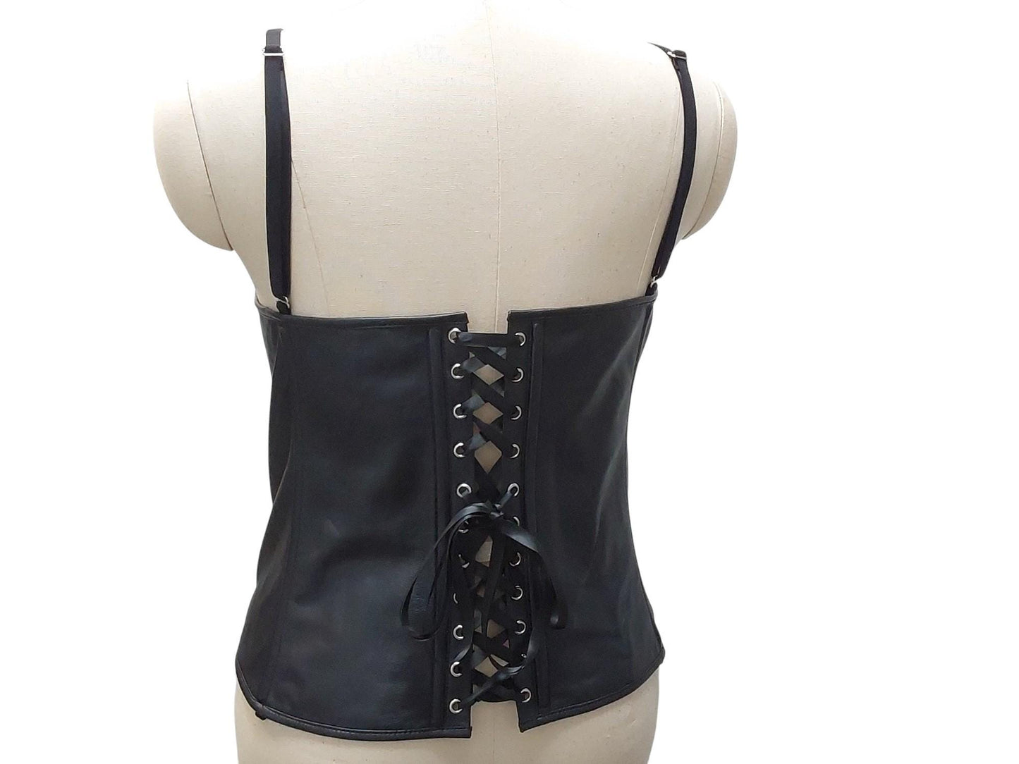 Peitho Handmade Leather Overbust Corset — Adjustable/Removable Straps, Garter Loops/Tabs, Ribbon Front (Black; Custom Colors Available)