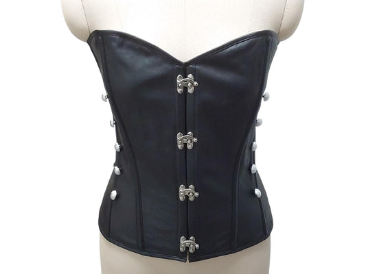 Jaya Hand-Made Leather Decorative Overbust Corset — Black with Silver Swing Locks & Buttons
