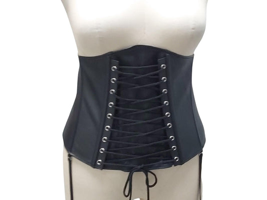 Ishtar Hand-Made Leather Basque Corset  — Back Zipper, Corseted Front, Suspender Loops, Ribbon Lacing (Black; Custom Colours Available)