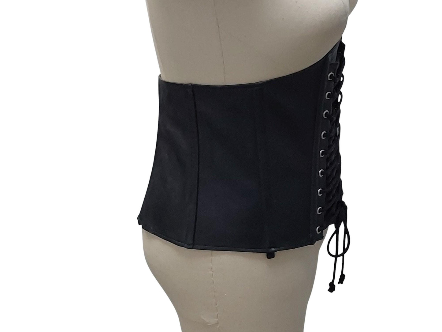 Ishtar Hand-Made Leather Basque Corset  — Back Zipper, Corseted Front, Suspender Loops, Ribbon Lacing (Black; Custom Colours Available)