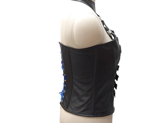 Andarta Hand-made black leather corset, bold buckle front, adjustable neck collar & lace-up back. Inspired by the goddess Andarta—power meets allure