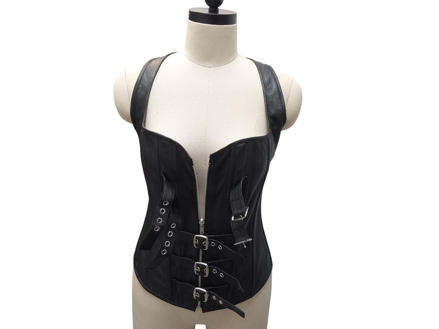Sekmet Handmade Black Leather Corset Vest "Sekhmet" – Zipper Front with Adjustable Straps – Gothic, Fetish, Cosplay, Festival Wear