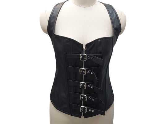Sekmet Handmade Black Leather Corset Vest "Sekhmet" – Zipper Front with Adjustable Straps – Gothic, Fetish, Cosplay, Festival Wear