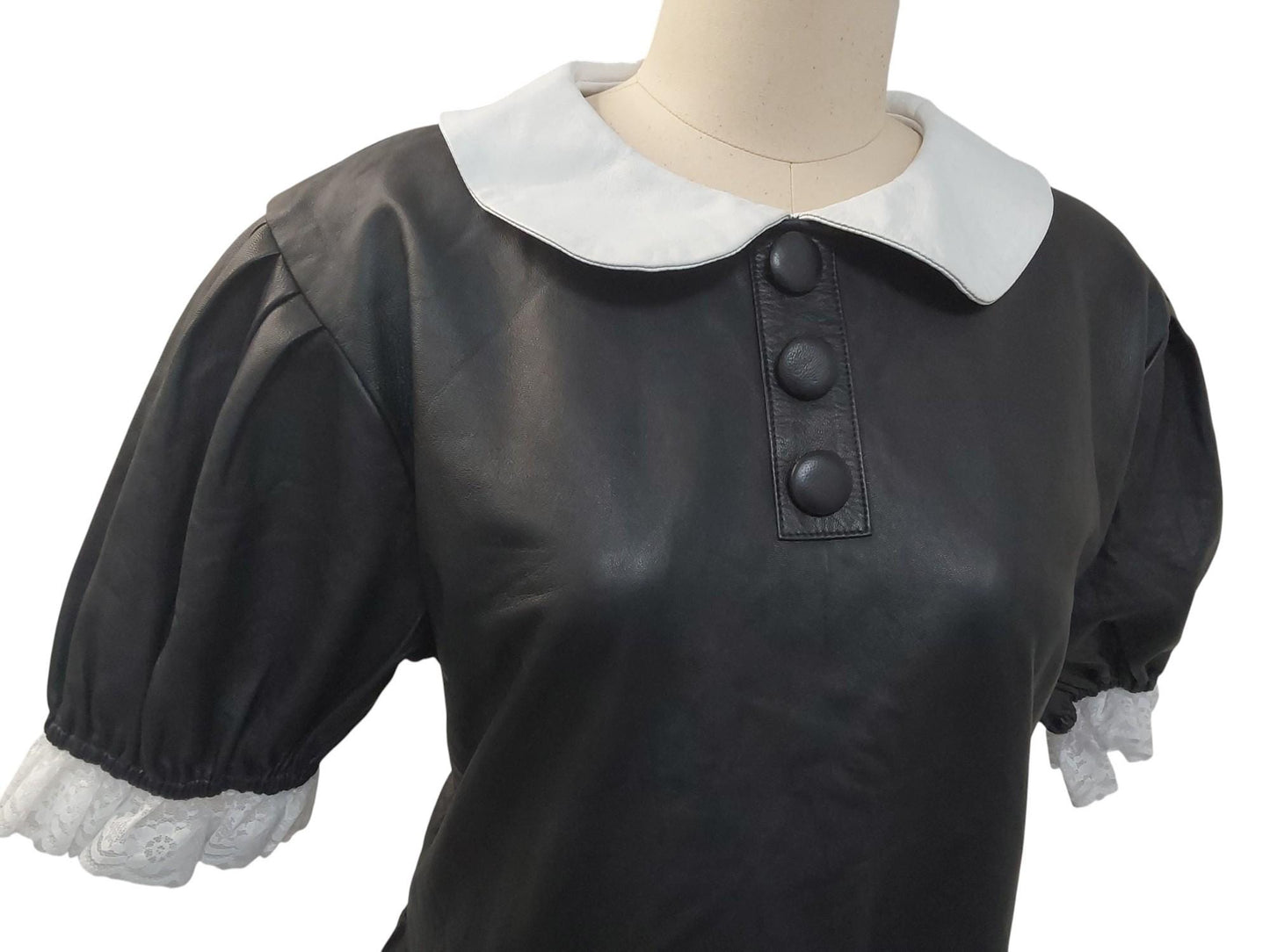 Handmade Black Lamb Leather Maids Dress – White Leather Collar, Lace Edging, Lockable Zip, Fetish Fashion, Sissy /Cosplay,Vintage Style