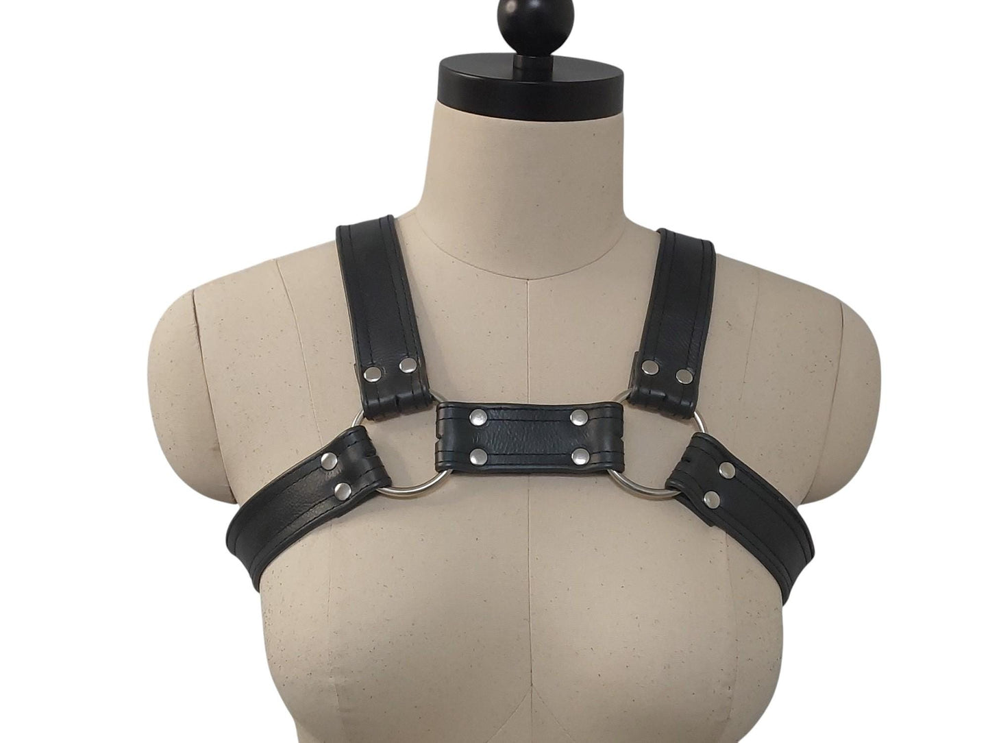 Versatile Handmade Black Leather Chest Harness – 4 D-Loops, Adjustable Buckle Straps, Heavy Duty