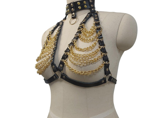 Handmade Black Leather Chain Bra Harness – Gold Chain Front, Collar & Buckle Back