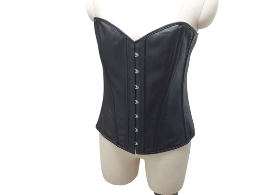 Bia—hand-crafted overbust leather corset with steel boning, full lining, and front busk. Power, structure, comfort. Black or custom colours.