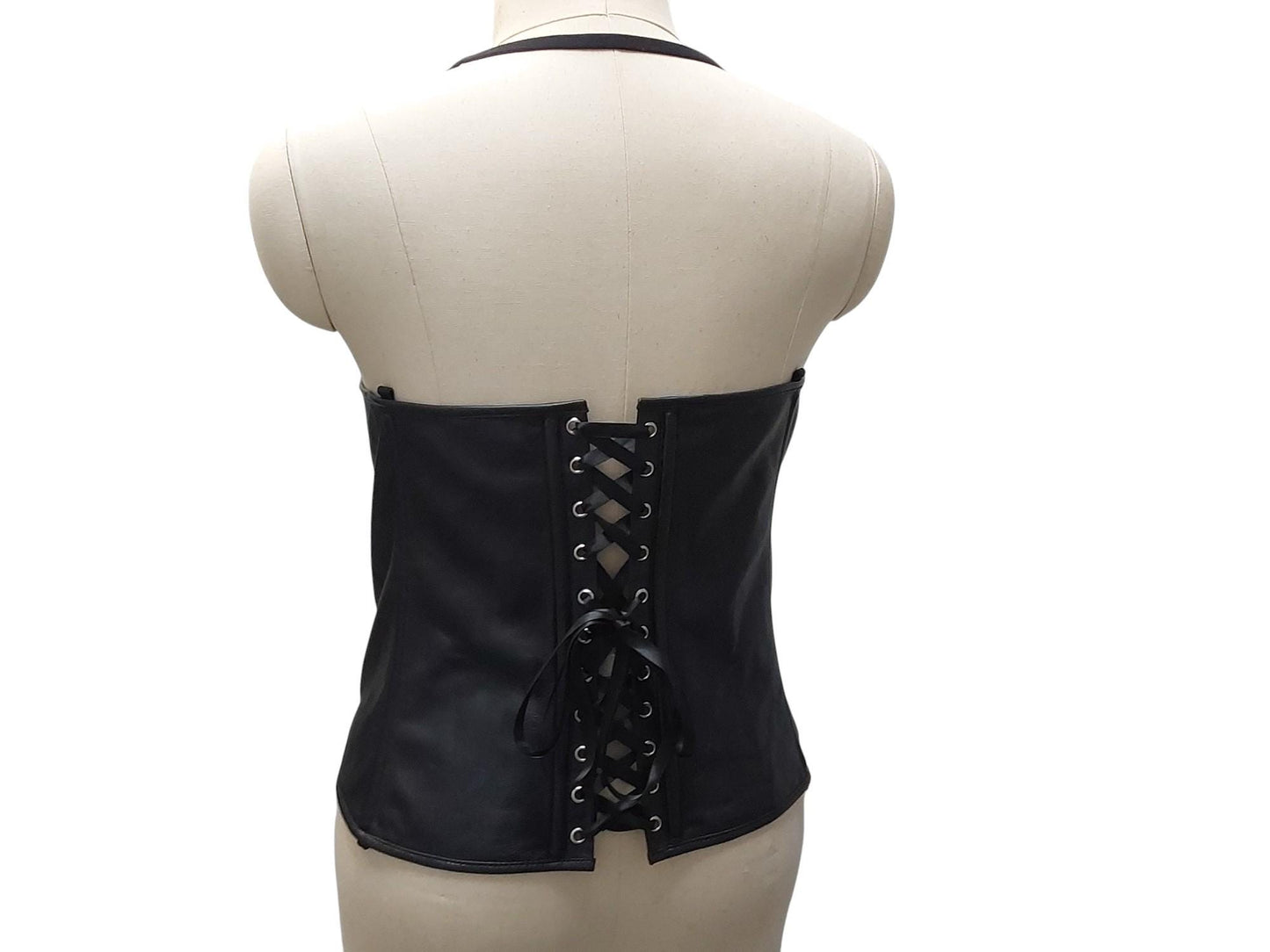 Peitho Handmade Leather Overbust Corset — Adjustable/Removable Straps, Garter Loops/Tabs, Ribbon Front (Black; Custom Colors Available)