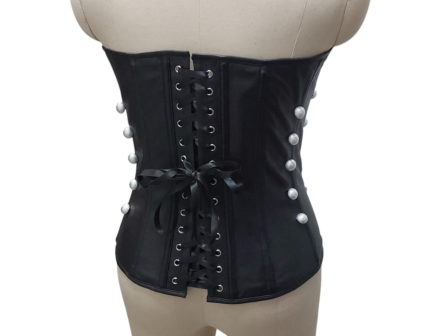Jaya Hand-Made Leather Decorative Overbust Corset — Black with Silver Swing Locks & Buttons