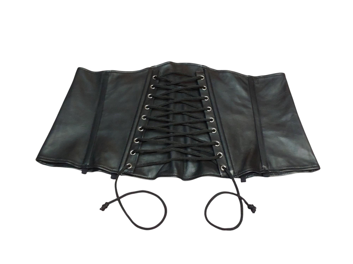 Ishtar Hand-Made Leather Basque Corset  — Back Zipper, Corseted Front, Suspender Loops, Ribbon Lacing (Black; Custom Colours Available)