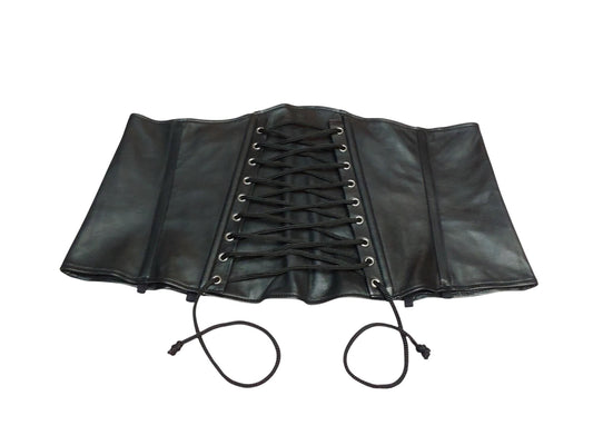 Ishtar Hand-Made Leather Basque Corset  — Back Zipper, Corseted Front, Suspender Loops, Ribbon Lacing (Black; Custom Colours Available)