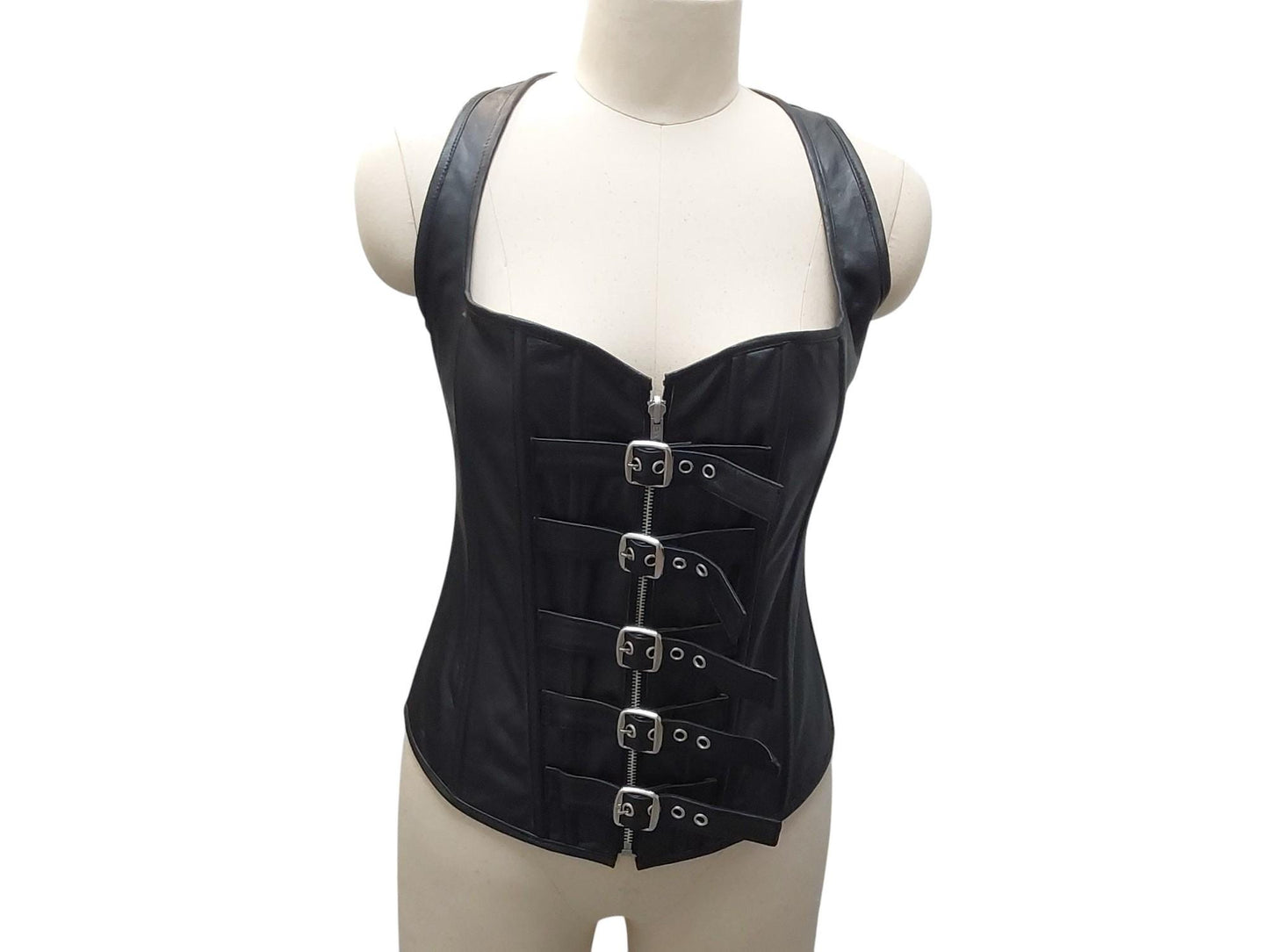 Sekmet Handmade Black Leather Corset Vest "Sekhmet" – Zipper Front with Adjustable Straps – Gothic, Fetish, Cosplay, Festival Wear