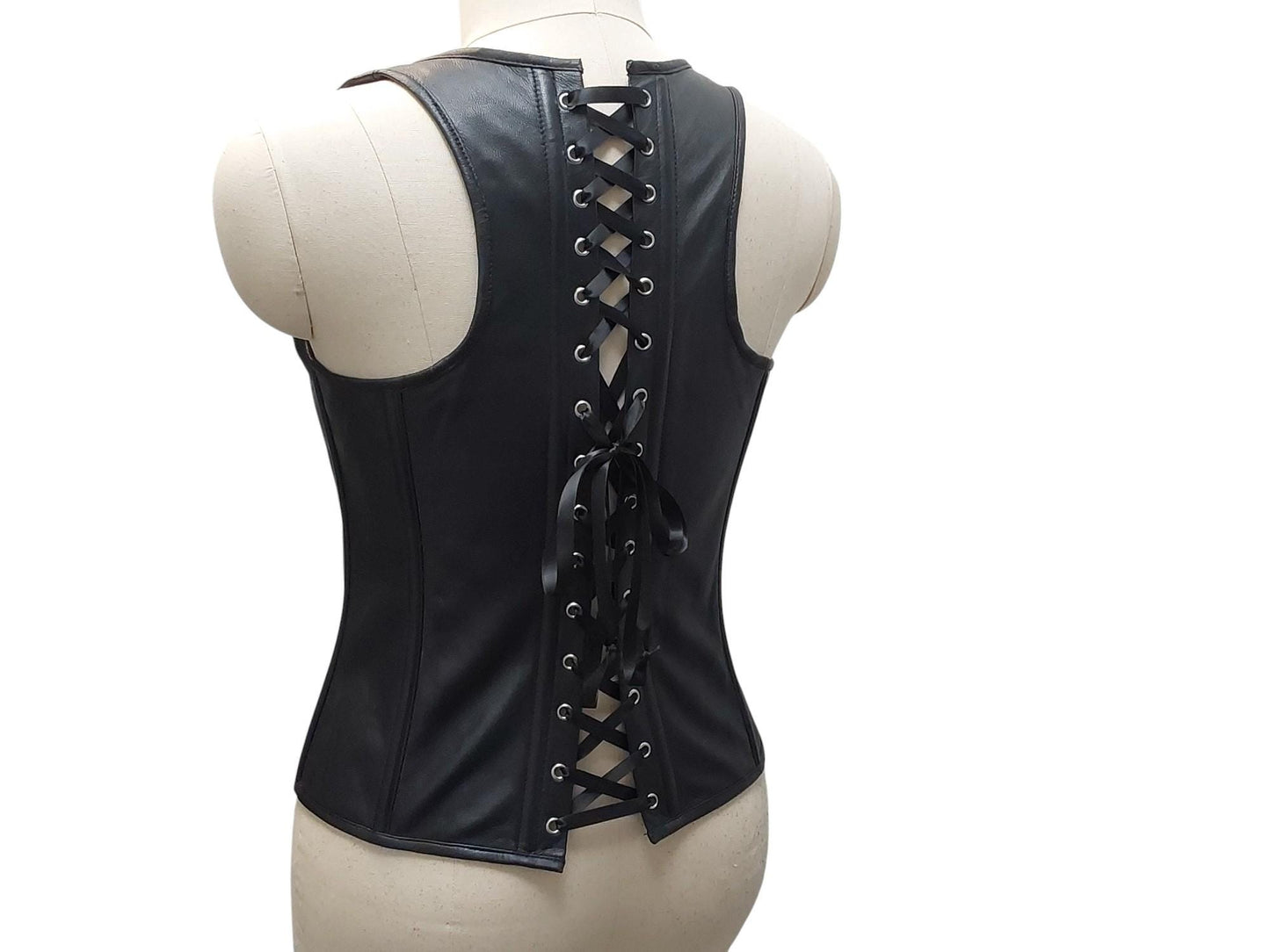 Sekmet Handmade Black Leather Corset Vest "Sekhmet" – Zipper Front with Adjustable Straps – Gothic, Fetish, Cosplay, Festival Wear
