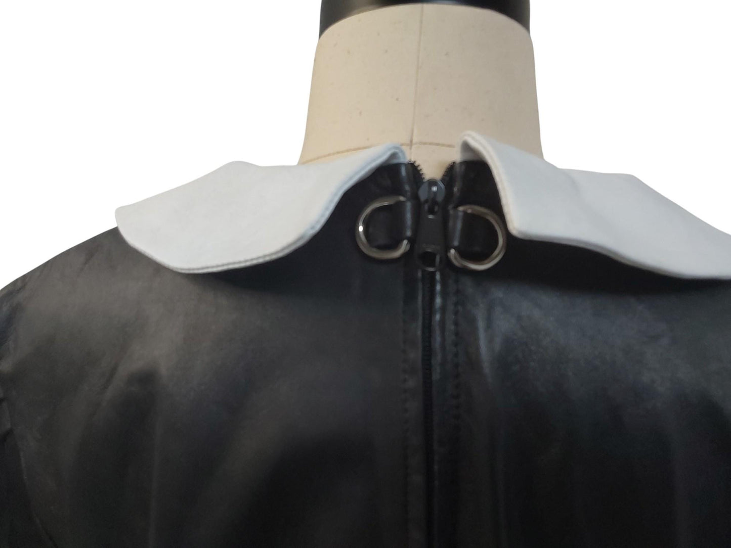 Handmade Black Lamb Leather Maids Dress – White Leather Collar, Lace Edging, Lockable Zip, Fetish Fashion, Sissy /Cosplay,Vintage Style
