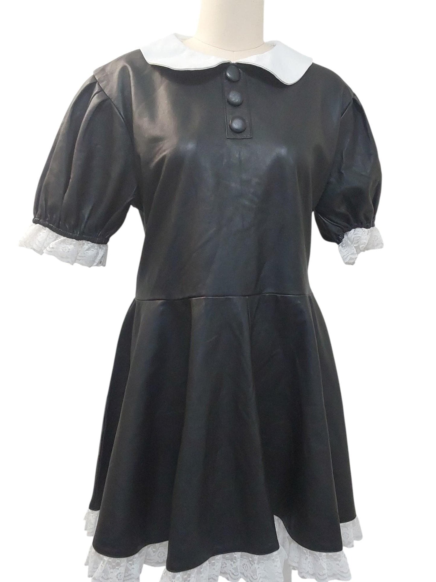 Handmade Black Lamb Leather Maids Dress – White Leather Collar, Lace Edging, Lockable Zip, Fetish Fashion, Sissy /Cosplay,Vintage Style