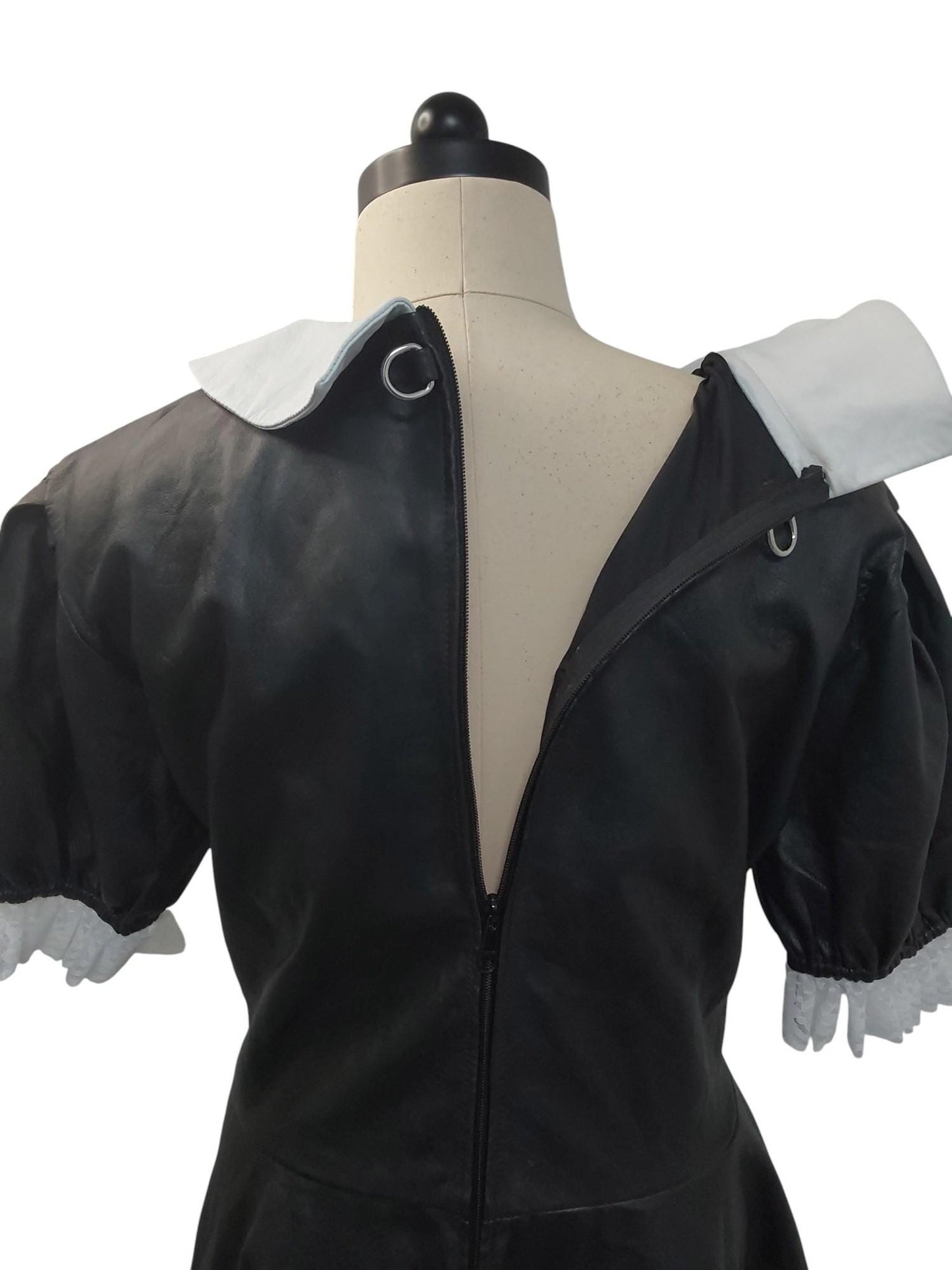 Handmade Black Lamb Leather Maids Dress – White Leather Collar, Lace Edging, Lockable Zip, Fetish Fashion, Sissy /Cosplay,Vintage Style