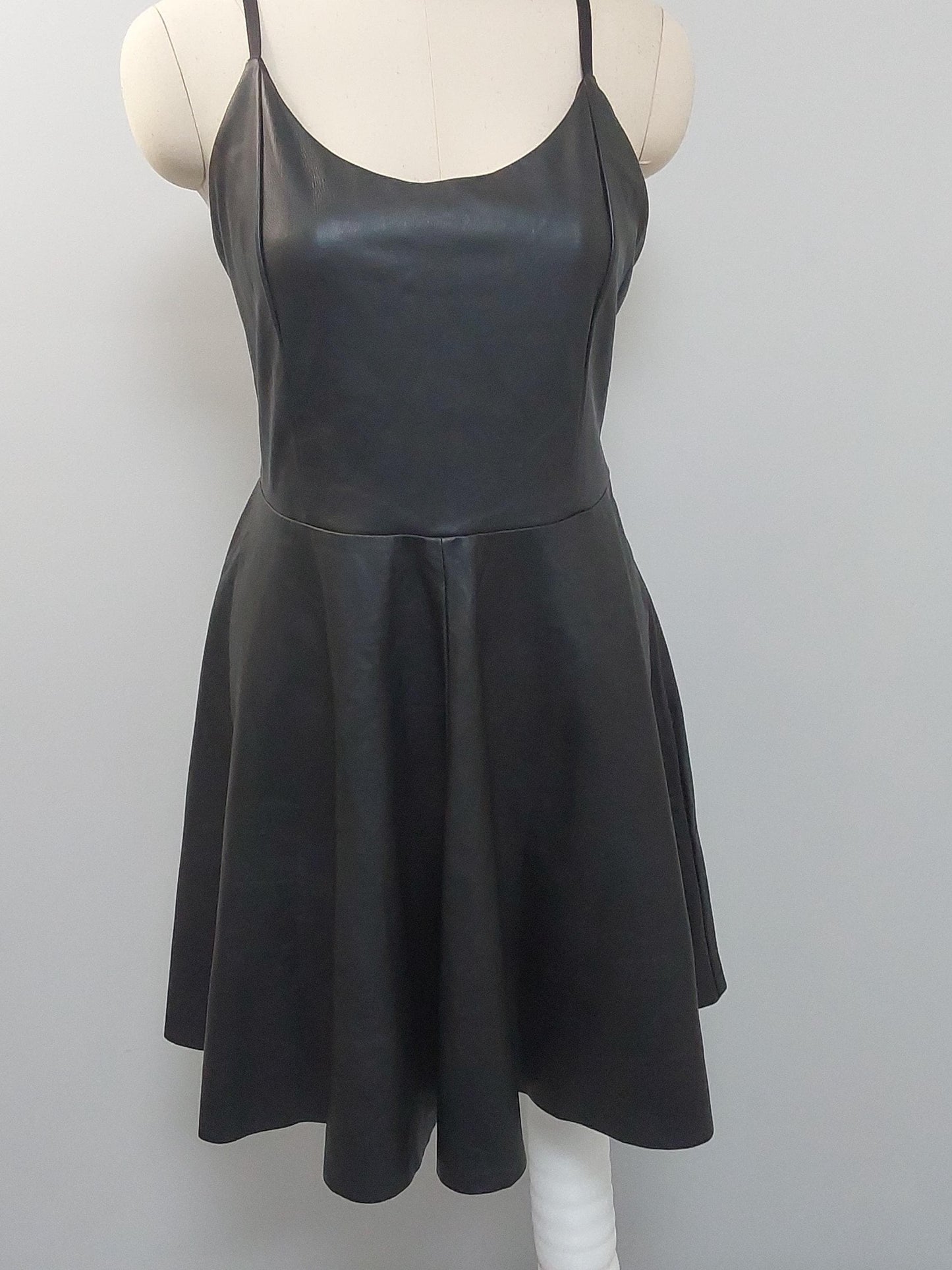 Handmade Black Lamb Leather X-Back Dress – Knee Length, Lined Bodice, Adjustable Straps
